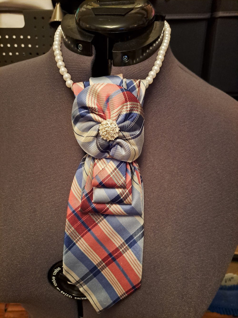 Pearl Necklace with Blue and Red Plaid Fabric Flower Accent